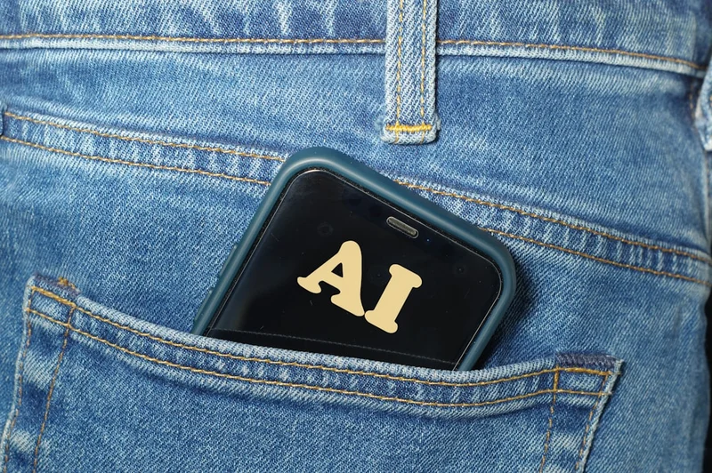 Smartphone with ai text in jeans pocket